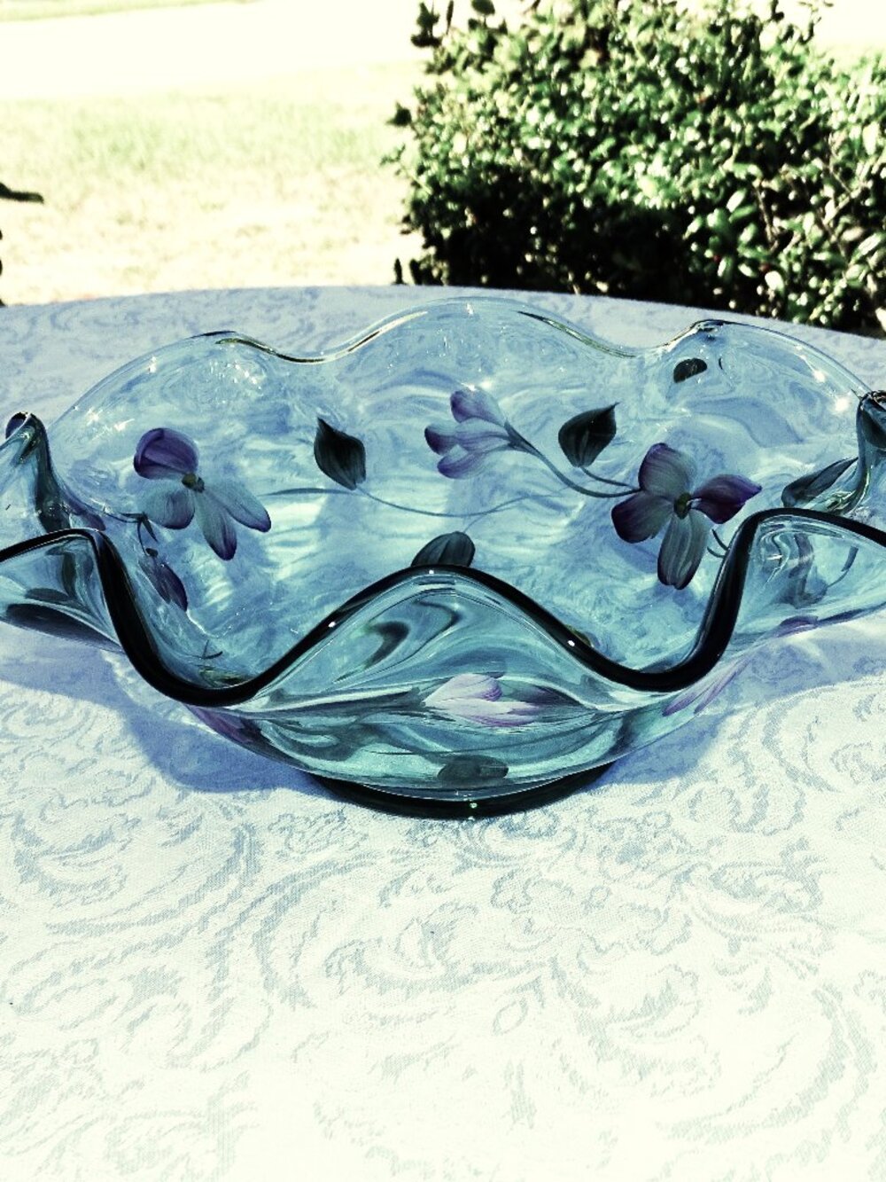 Fenton Glass Fluted Hand Painted Bowl Light Green with Pink Flowers Signed 10"